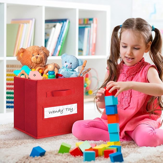 artsdi Fabric storage cubes (Set of 8) 11 Inch Cube Storage Bin, Cube storage with 8 Labels Window Cards & a Pen, Foldable cube organizer bins,11x11 Storage bin, Cubby Organizer Boxes, Red