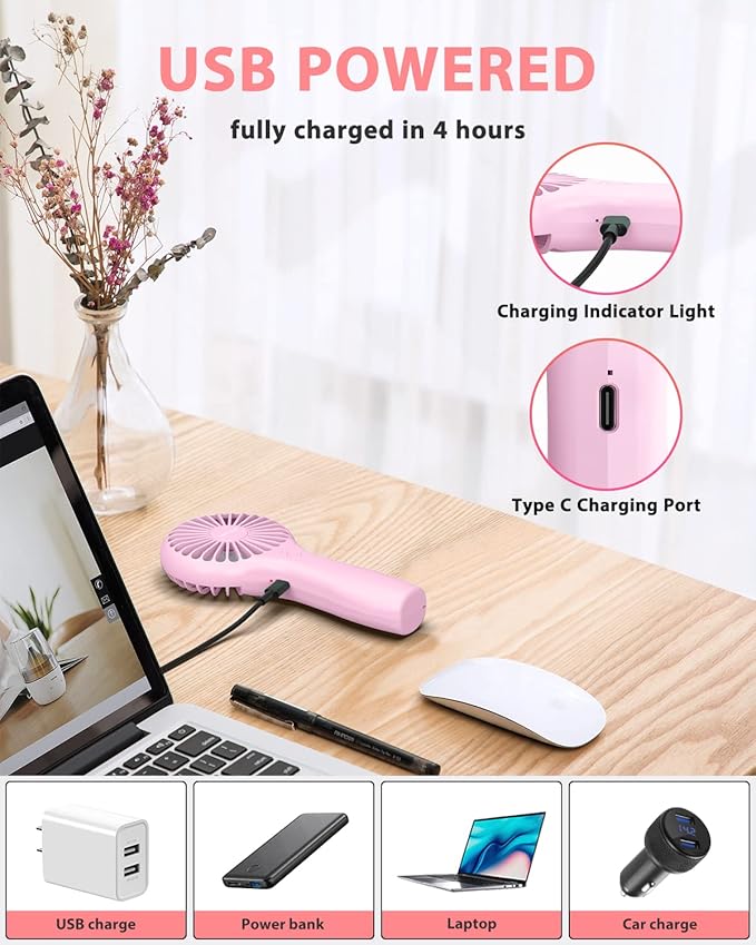 TriPole Mini Handheld Fan 5000mAh Battery Operated Small Fan 2 Speeds Powerful Personal Portable Fans USB Rechargeable Electric Fans for Eyelash Makeup Girls Women Summer Wedding Outdoor Travel, Pink