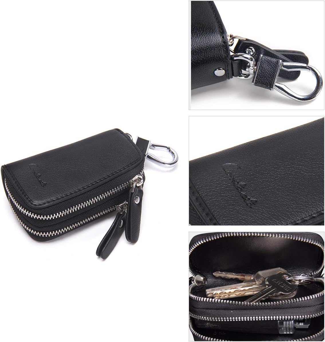 CONTACTS Car Key Case Small Leather Double Zipper Key Holder with 4 Keyrings Keys Organizer for Men Women