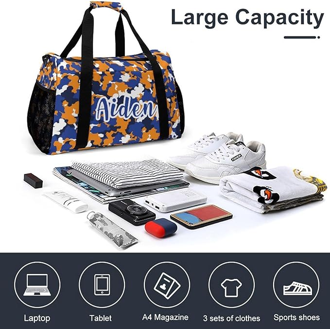 Camouflage Navy Blue Orange Camo Waterproof Duffel Bag Gym Dance Sport Perform Training Bag for Teens Adults Women Men Handheld Crossbody Travel Bag
