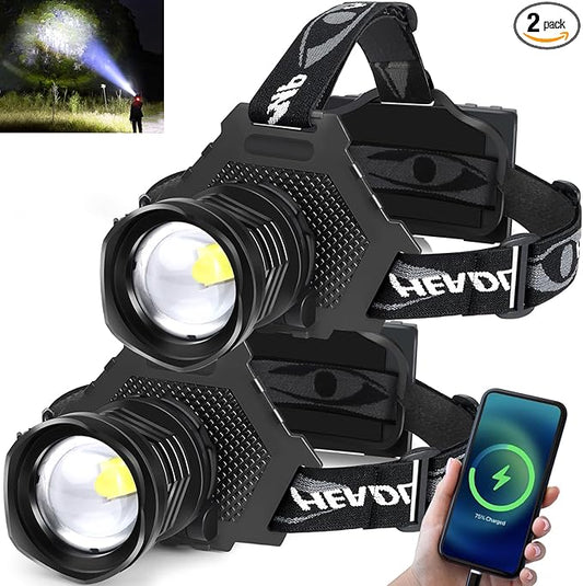 Rechargeable LED Headlamp 1080 Lumen, Super Bright Head Lamp Flashlight with 5 Lighting Modes, IPX6 Waterproof, Zoomable Headlight for Camping, Hiking, Fishing, Biking (2pack） (2pack headlamp)