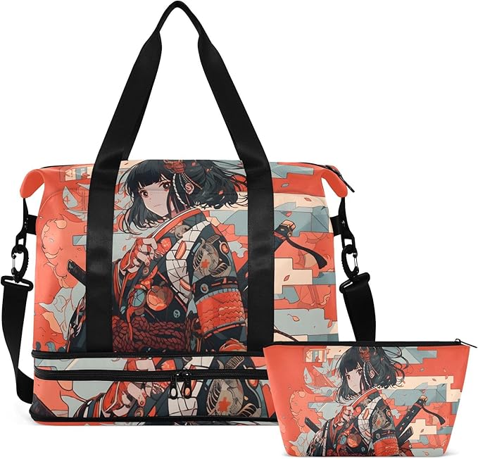 AIXIWAWA Duffel Bags Set Anime Samurai Red Print for Gym Travel with Shoes Compartment Large Capacity