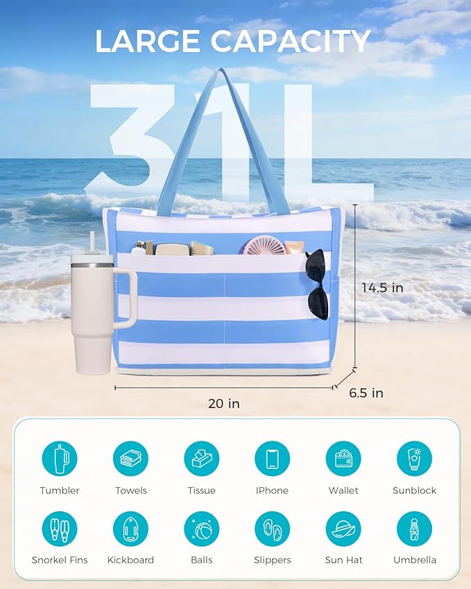 WANDF Beach Bags for Women, Large Waterproof Sandproof Beach Tote Bag with Zipper Family Pool Bags with 40oz Tumbler Pocket, Swim Cruise Vacation Essentials (Blue) | 40oz Tumbler Pocket