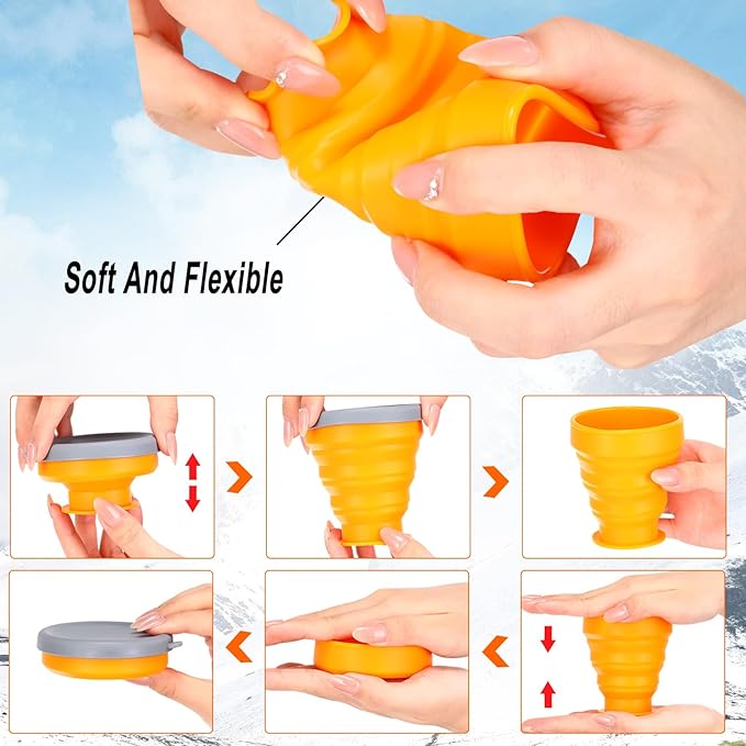 Umigy 9 Pcs 6.8 Oz/ 200 ml Silicone Collapsible Cup with Lid Collapsible Water Bottles Reusable Small Collapsible Travel Cup Portable Drinking Folding Camping Coffee Mugs for Hiking Outdoor Sports