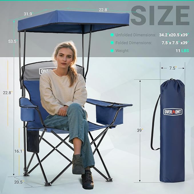 Overmont Camping Chair with Canopy Shade & Cooler Bag - Oversized Folding Beach Chair with High Back Support Big Cup Holder - Portable Lawn Chair for Outdoor Travel Sports Fishing - Support 330lbs