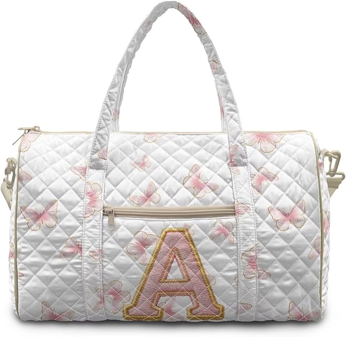 COEQINE Quilted Duffel Bag Pink Floral Initial Name A-Z Personal Item Travel Bag for Women Purses Quilted Tote Bag For Woman With Zipper and Trolley Sleeve