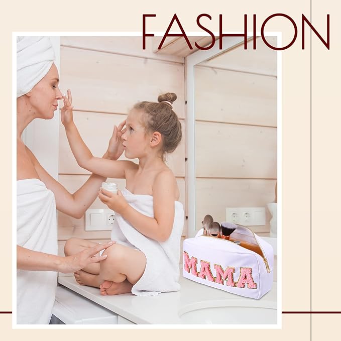 Sanwuta 2 Pieces Mama Gifts Makeup Bag Mom Pouch Birthday Gifts Nylon Cosmetic Bag Mothers Day Appreciation Toiletry Preppy Patch Chenille Letter for Women Her New Mom(White, Pink,Baby and Mama)