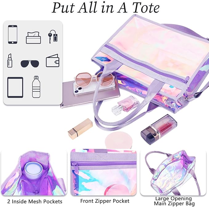 Iridescent Clear Beach Bag for Women, Large Pool Tote Cruise Vacation Essentials - Waterproof, Zipper Closure