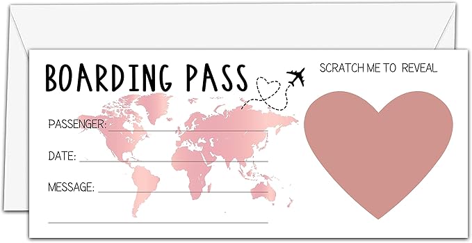 AWSICE Scratch Surprise Boarding Pass, 1 Set Make Your Own DIY Travel Ticket, Surprise Reveal Card for Holiday, Christmas, Wedding, Birthday, Anniversary, Party Supply(3.5"x8" Pink)-A003