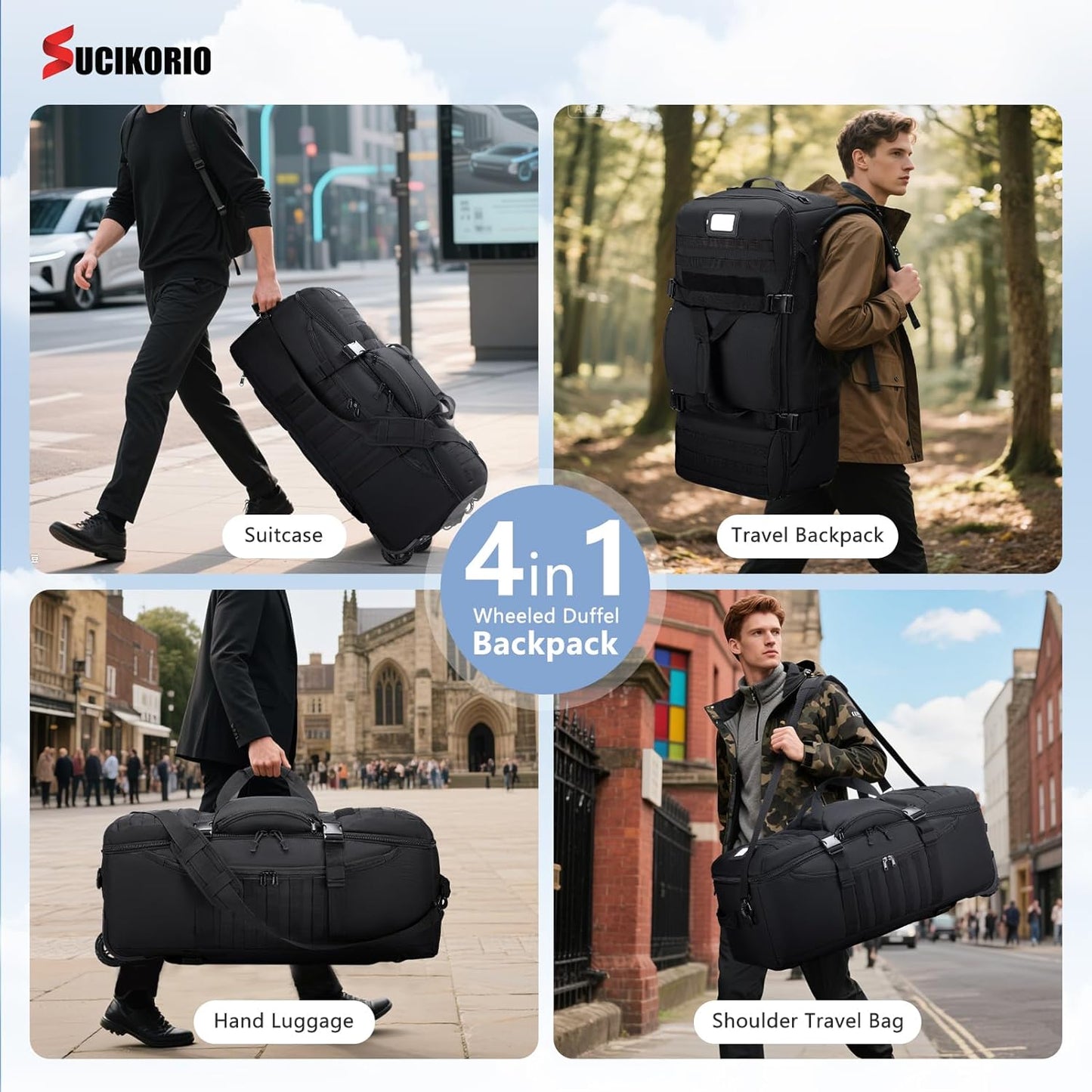 Tactical Travel Duffle Bag with Wheels and Handle 3 in 1 Large 85L XL Rolling Travelling Backpack Waterproof Oxford Carry On Hand Luggage Deployment Bags with Combination Padlock, Black