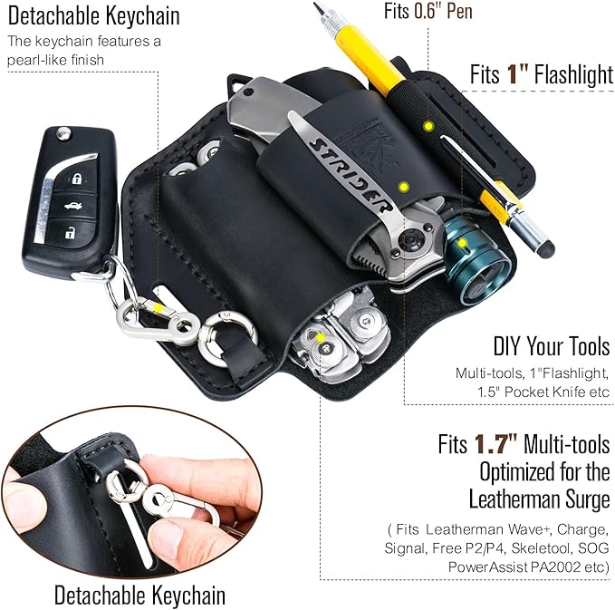 FLYHOMES Genuine Leather Multitool Sheath | Handmade Stitched EDC Belt Organizer for Leatherman Surge | Flashlight, Knife Holster, Pen & Tools Pouch | Black (Large)
