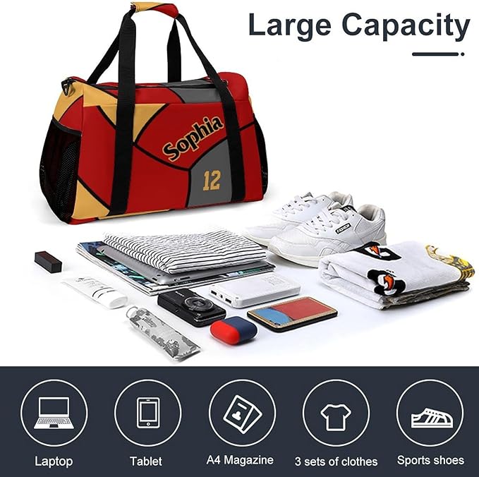 Custom Volleyball Gold Red Duffel Bag with Name Personalized Travel Bags Sport Gym Bag Carry On Weekender Bags for Men Women