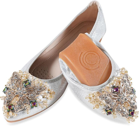 Women Ballet Flats Sparkly Rhinestone Wedding Ballerina Shoes Pointed Toe Foldable Comfort Slip on Flat Dress Shoes