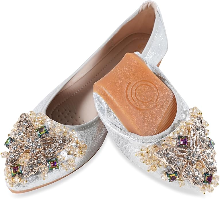 Women Ballet Flats Sparkly Rhinestone Wedding Ballerina Shoes Pointed Toe Foldable Comfort Slip on Flat Dress Shoes
