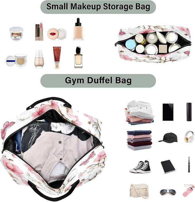 Cotton Peach Blossom Butterfly Pattern Travel Duffle Bag Gym Yoga Carry on Bags for Men Women Weekender Bag
