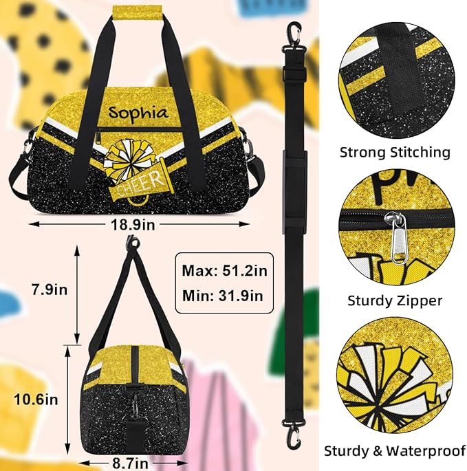 Personalized Gold Glitter Cheer Bag for Cheerleaders, Custom Sport Gym Bag Dance Bag Travel Duffle Bag Cheerleading Gifts for Women