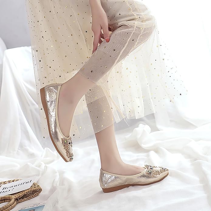 Women Ballet Flats Sparkly Rhinestone Wedding Ballerina Shoes Pointed Toe Foldable Comfort Slip on Flat Dress Shoes