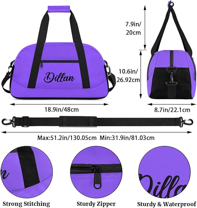 Custom Name Gym Duffel for Kids,Personalized Sports Bag Lightweight Gym Bags for Boys & Girls,Fitness Travel Weekender for Travel, Workout Purple