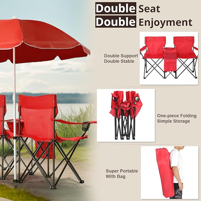 Double Folding Camping Chair W/Umbrella Fold Up Table Beverage Holder Carrying Bag Cooler for Patio Pool Park Outdoor Beach, Picnic, Portable (Red)