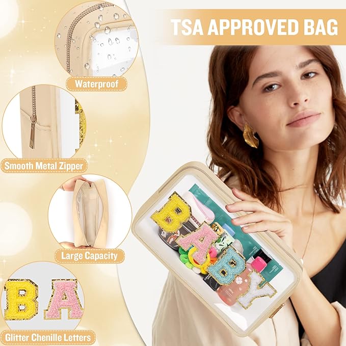 izuzta 2 Pcs Chenille Letter Clear Makeup Bag Mama Baby Pouch, Hospital Duffle Pink Diaper Organizing Pouches with Zipper, Travel Toiletry Nylon Cosmetic for Women(MAMA+BABY)
