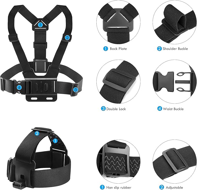 Chest Harness Head Strap Cell Phone Clip Kit for POV, VLOG, Compatible for iPhone, Samaung, GoPro Hero, Insta360, AKASO, DJI Osmo, SJCAM and Other Action Cameras