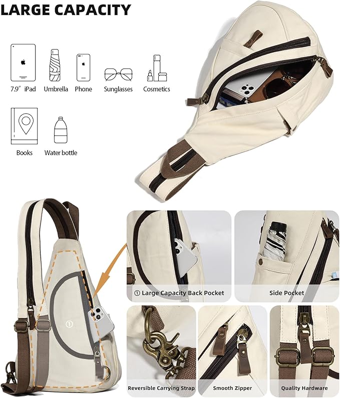 KL928 Canvas Sling Bag - Small Crossbody Backpack Shoulder Casual Daypack Rucksack for Men Women(Large Version,Beige)