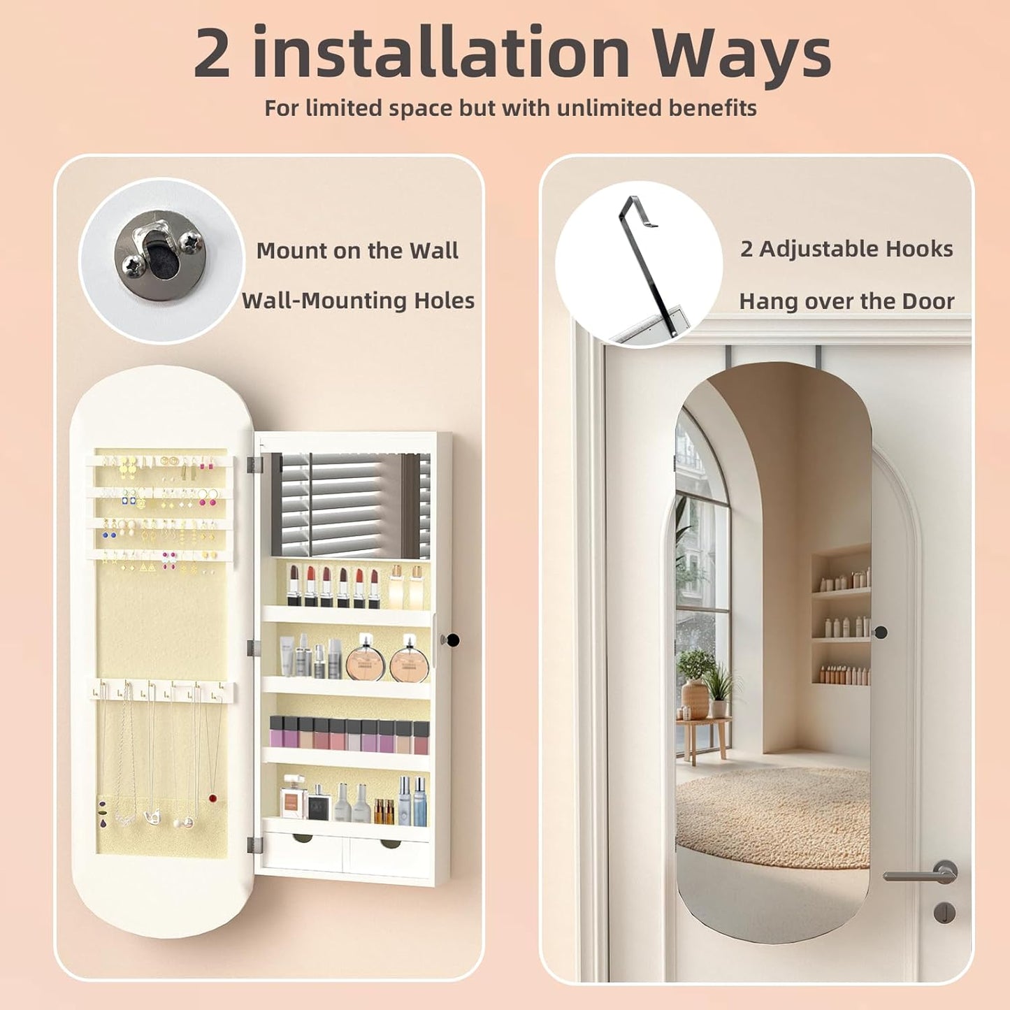 RQZ 8 LEDs Mirror Jewelry Cabinet, Rounded Wide Jewelry Armoire Organizer, Wall or Door Mounted Lockable Jewelry Storage with Interior Mirror, 2 Drawers (43.7" H)