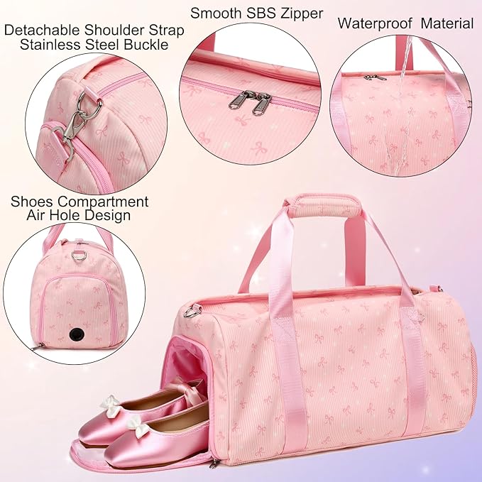 Dance Dag for Girl Sports Duffle Dag Gym Ballet Bag Corduroy Overnight Bag with Shoe Compartment and Dry Wet Pocket.
