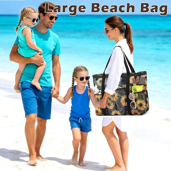 Mesh Beach Bag with Zipper, Large Beach Tote for Women, Toys Pool Swim Bag Travel Vacation Cruise Essentials