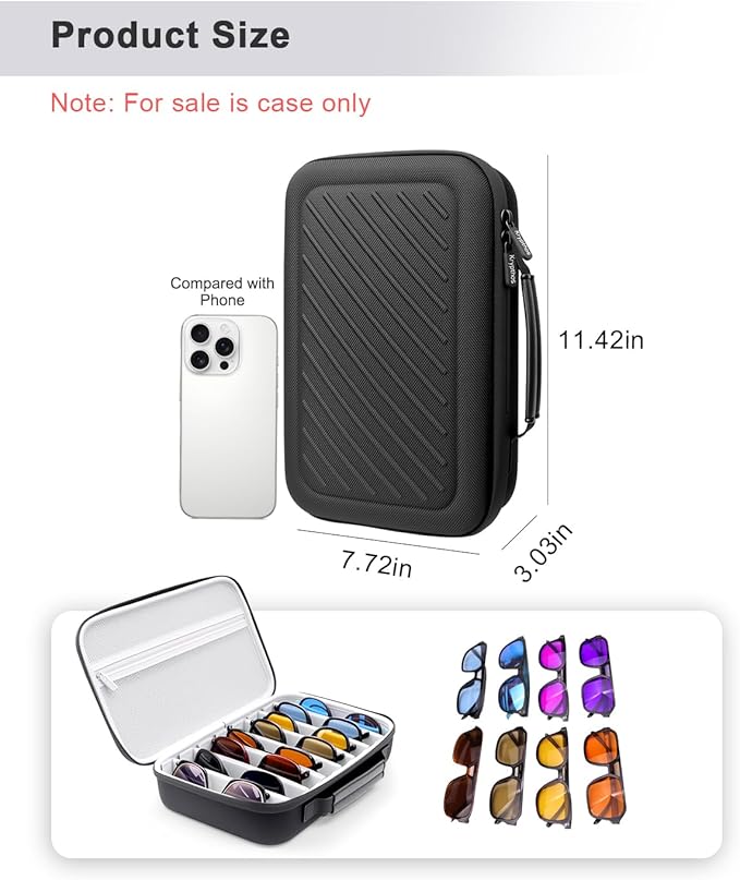 Krypthos Travel Sunglasses Organizer Case, Portable Eyeglasses Storage Box, Adjustable Multi-Compartments & Crushproof Design, Holds Up to 8 Pairs, Eyewear Display Case for Men Women