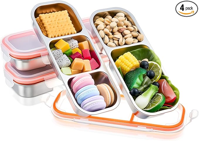 4 Pcs 304 Stainless Steel Lunch Containers Bento Boxes 38oz Salad Multipurpose with 3 and 2 Compartments Winter Party Reusable Large Box with Lids Divided Containers for Snack Dip Sandwich (Orange)