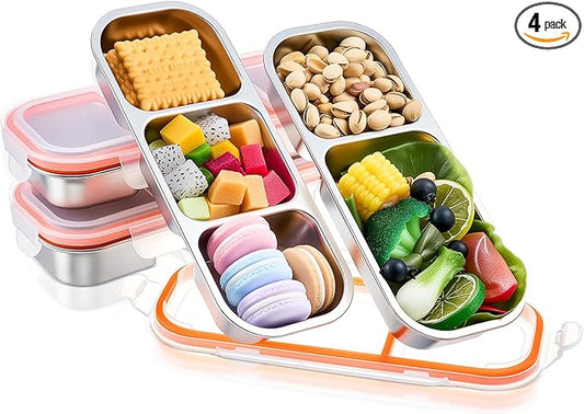 4 Pcs 304 Stainless Steel Lunch Containers Bento Boxes 38oz Salad Multipurpose with 3 and 2 Compartments Winter Party Reusable Large Box with Lids Divided Containers for Snack Dip Sandwich (Orange)