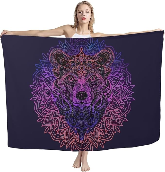 Beach Towel – Oversized (66"x 44") Absorbent Lightweight Thin Towels for Adults - Quick Dry, Easy to Carry Sand Free Travel Towel for Swimming Vacation, S, Mandala Bear Pattern Print