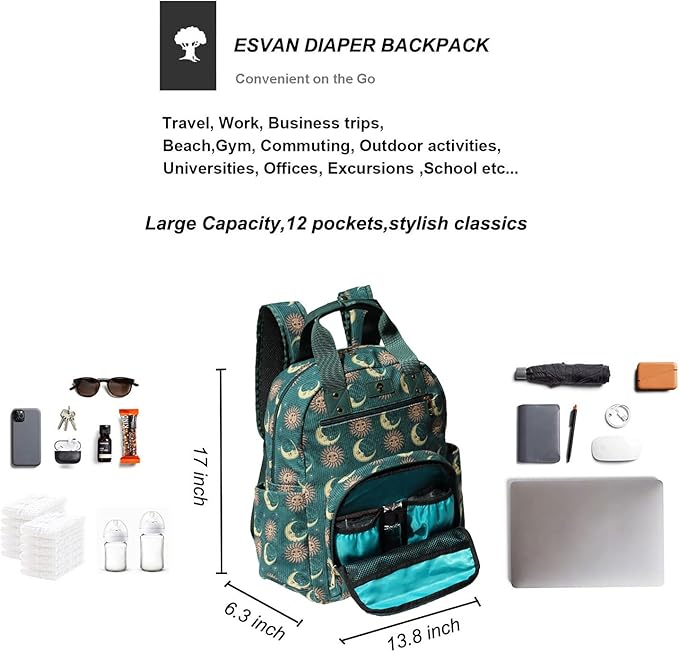 Diaper Bag Backpack, Large Capacity Multifunction Baby Essentials Fashion Travel Pack Linen Canvas office Laptop Bag (Corduroy Dark Green Moon)