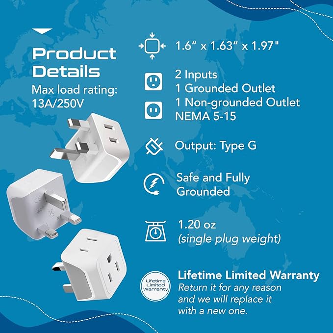 Ceptics UK Travel Plug Adapter, 2 in 1 Type G Adapter, US to UK Adapter, Ireland, Dubai Travel Adapter with Dual USA Inputs, CE, RoHS - HK Outlet Adapter, 6 Pack