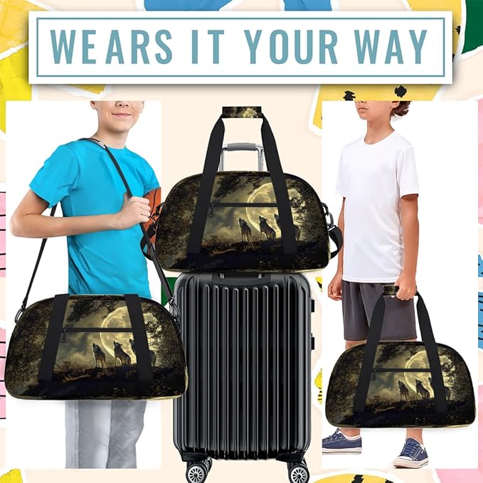 Travel Duffle Bag for travel duffle bag sports Girls Boys Kids Night Wolf Moon Lightweight Overnight Sleepover Weekender Bags Small Dance Gym Sport Bag Teens Carry-On Size Workout Bag