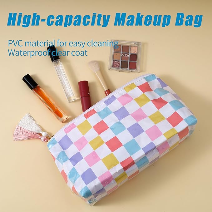 Makeup Bag, Small Clear Coated Cosmetic Bags for Women Girls, Waterproof Travel Makeup Bag for Purse Organizer Zipper Pouch Beach Summer Vacation Essentials Gifts for Women