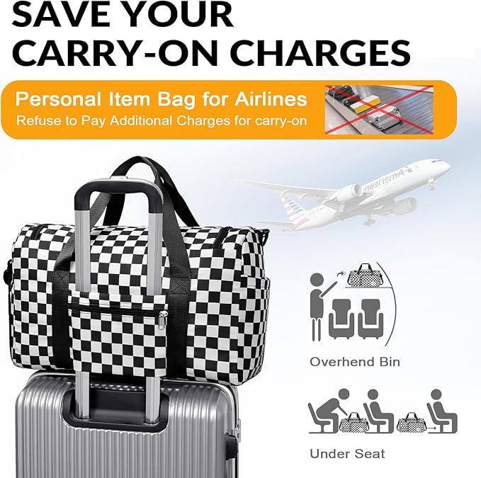 WOOMADA Foldable Travel Duffel Bag for Women, Weekender Bags with Shoes Compartment,Overnight Bag with Wet Pocket & Trolley Sleeve(black&white checkboard)