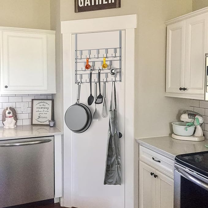 Over The Door Hooks for Hanging, 14 Hooks Over Door Coat Hanger, Coat Clothing Rack and Towel Rack for Bathroom Organizer, Door Hanger Organizer Kitchen, Bathroom Towel Storage Silver