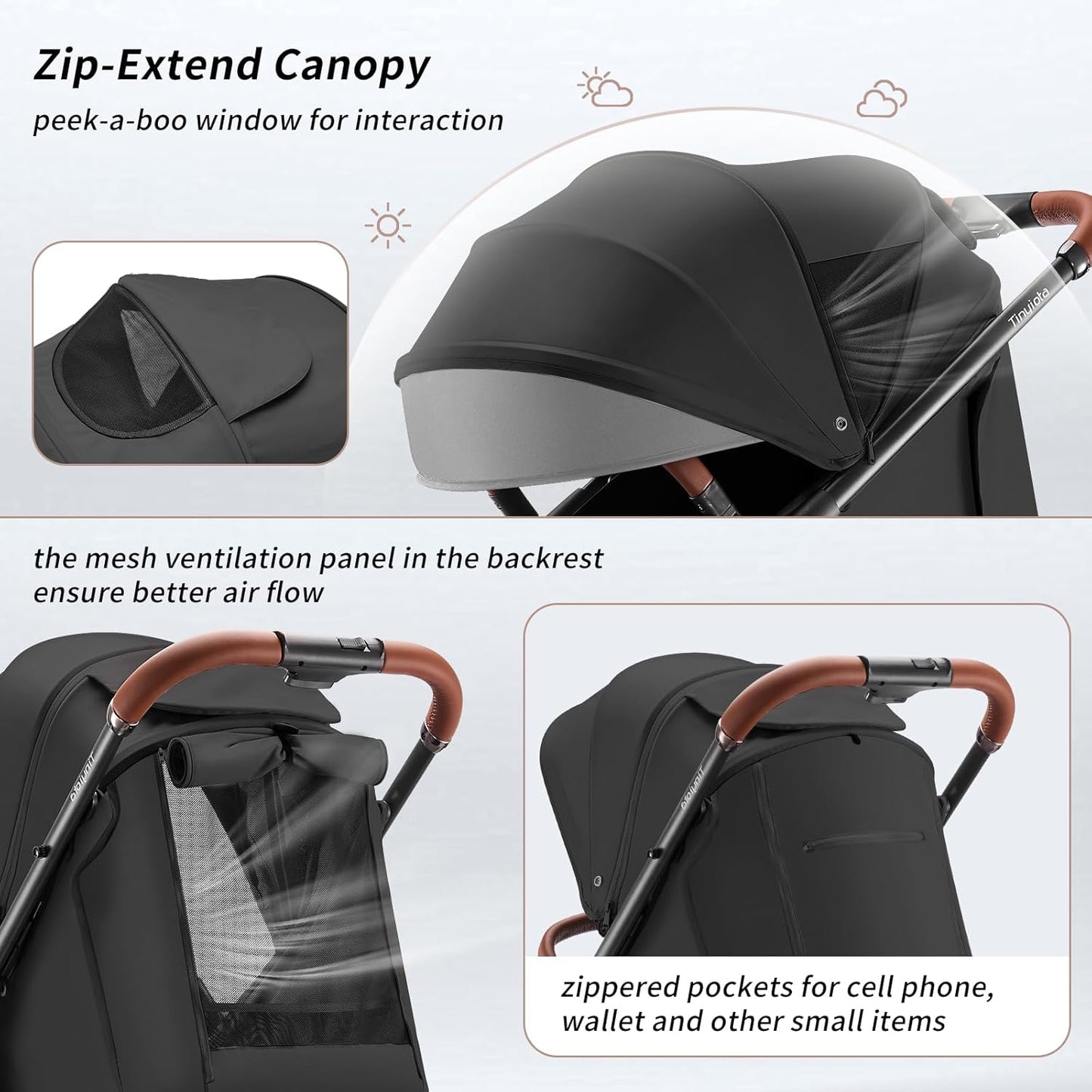 Tinyiota Baby Stroller, Infant Stroller with Large UPF 50+ Canopy,Luxury Pram Strollers with Leather Handle & Spacious Seat, One-Hand Foldable Pushchair, Toddler Carriage with Lie-Flat Mode(Black)