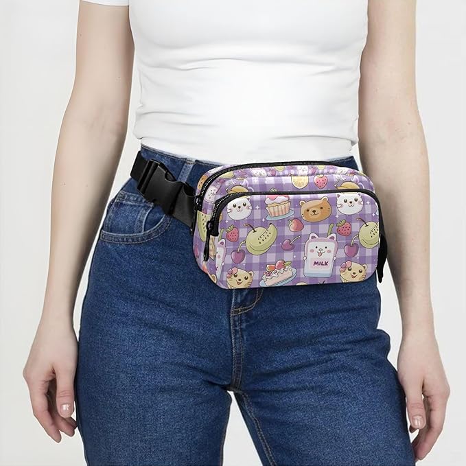 Kawaii Cat Bear Milk Cake Plaid Fanny Pack for Women Men Water Resistant Fashion Waist Packs with Adjustable Strap Belt Bag for Travel Workout Jogging Hiking 21219470