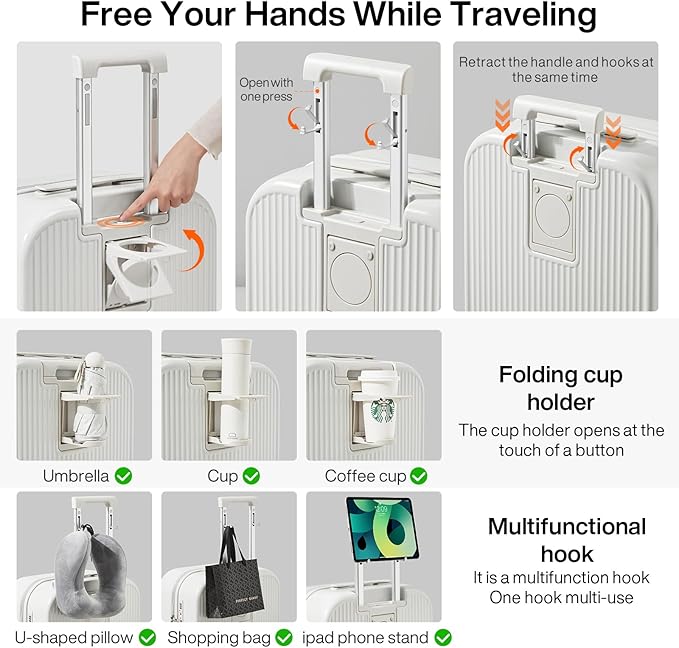 mixi Checked Luggage with Cup Phone Holder Hard Shell Rolling Travel Suitcase with Spinner Wheels,26 Inch Smoke White