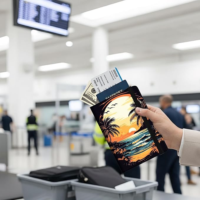 Passport Holder Wallet Cover Case,RFID Blocking Passport Cover,Large Capacity Travel Wallet with Multi Card Slots (Sunset Palm Beach)
