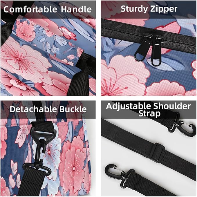Gym Bag for Women Men, Pink Blue Floral Dark Background Travel Duffle Bags for Dance Ballet Overnight, Carry-On Weekender Bag with Detachable Shoulder Strap