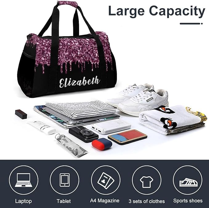 Duffle Bag, Personalized Name Bling Sequin Glitter Print Black Travel Bag, Lightweight Gym Training Sports Bags Custom Unisex Gifts for Men Women