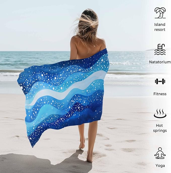 Blue Waves Stripes Beach Towel 35" x 71" White Polka Dots Abstract Watercolor Art Quick Dry Sand Free Pool Towels Soft & Absorbent Compact Towels Beach Accessories for Travel Bathroom Swimming Pool