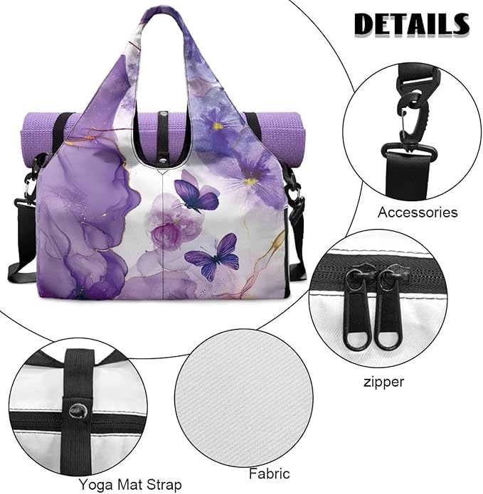 Purple Butterfly Marble Gym Bag for Women with Shoe Compartment Mini Duffel Bag Personal Item Bags for Travel Sports Swim Weekender Overnight Bags Easy to Carry