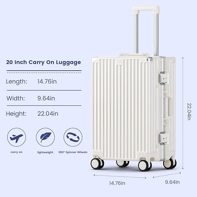 20 Inch Carry On Suitcase, Aluminum Frame Zipperless Hard Shell Luggage with Spinner Wheels, TSA Lock, USB Charging Port, Phone Holder, Cup Holder for Business Travel and Trips, White