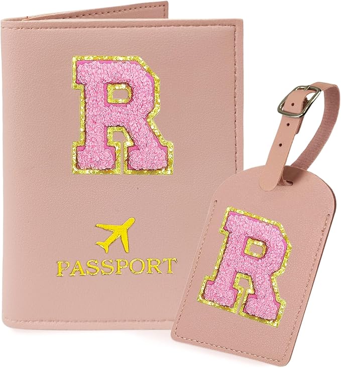 COSHAYSOO Initial Passport Cover Luggage Tag Set Letter Passport Holder Airplane Cruise Travel Essentials Vacation Traveling Accessories Personalized Gifts for Women Teen College Girls Pink R