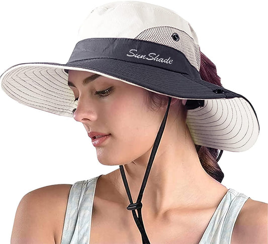 ZOORON Women's Ponytail Safari Sun Hat,Wide Brim UV Protection Outdoor Bucket Hat,Foldable Beach Summer Fishing Hat